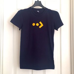 American Apparel Tee Medium Navy Blue Yellow Safari Graphic Verbiage